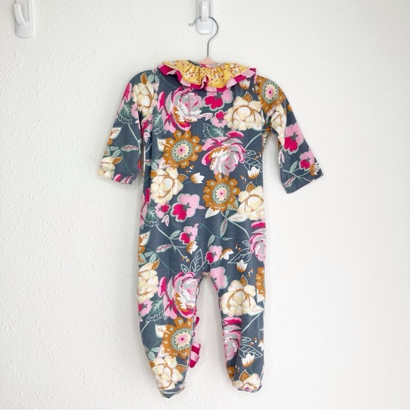 Mustard Pie ruffled footie sleeper gray w/ pink and yellow flower print 6 months - Picture 2 of 9